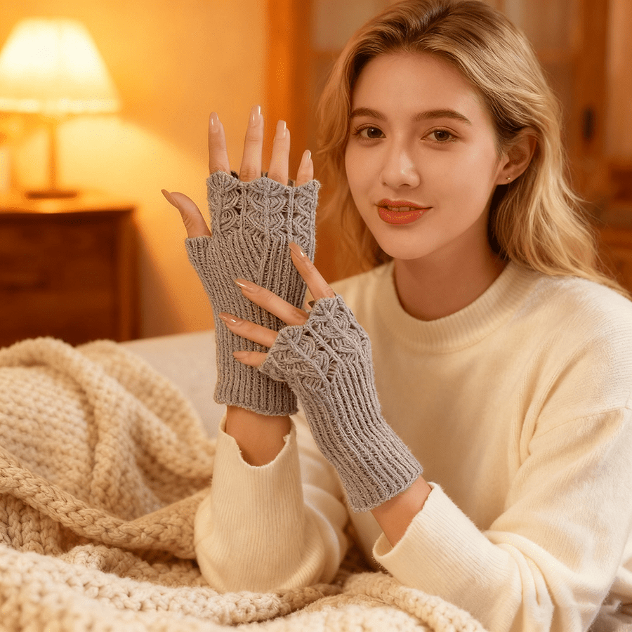 1 paire de gants sans doigts style preppy pour femmes - motif écailles de poisson en tricot acrylique, réchauffe-bras élastiques et chauds pour les week-ends décontractés, gants décoratifs à demi-doigts pour l'extérieur, 100% acrylique, couleur unie