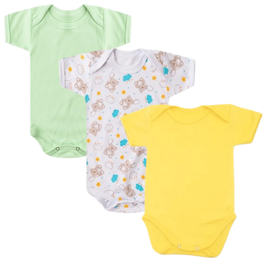 Kit 3 Baby Bodysuits For Boys, Girls And Unisex - Printed And Plain - Short Sleeve - 100% Cotton - màu xanh lá - Xem 1