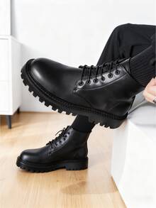 Botas negro para hombre, Botas casuales de caña alta para hombres, Botas De Trabajo Multifuncional - de media pantorrilla con punta redonda, con cordones y cremallera lateral, botines de moda para exteriores y senderismo, combina con chaqueta - Negro - Ver 5