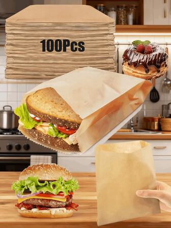 50/100pcs Kraft Paper Sandwich Bags,Greaseproof Disposable Food Bags For Burgers, Desserts, Fried Chicken | Leak-Resistant Snack Packaging For Parties, Catering, Food Truck | Wedding Birthday | Back To School