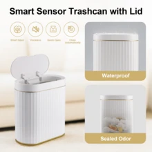 Intelligent Motion Sensor Waste Bin – Slim, Automatic Garbage Can With Quick 0.3s Activation & 5s Auto Shut, Anti-Slip Base, Modern White With Gold Trim For Bathroom, Kitchen, Or Workspace - White 10L - View 2