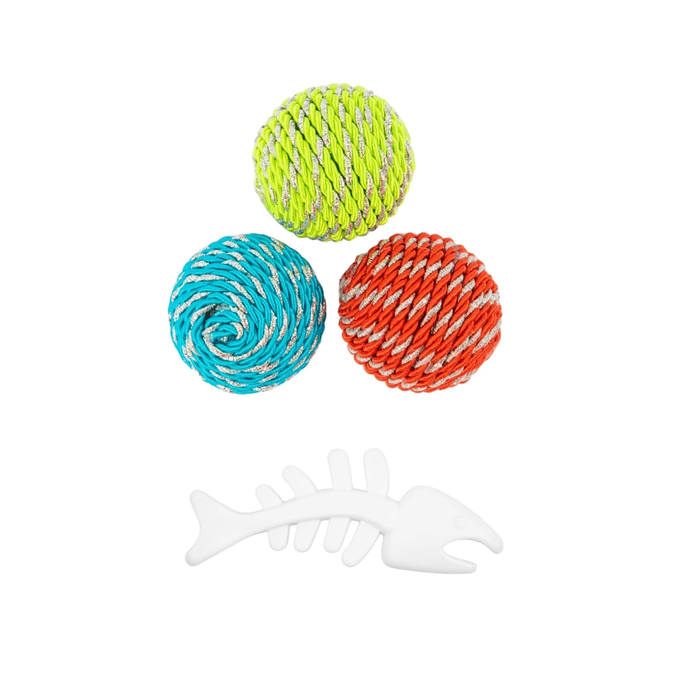 Belime Kit 4 Pzas Juguetes para Gato Belime Color Azul Acero | Bolitas con Cascabel + Pescado Masticable Antiestrés | Estimula, Limpia y Divierte - Azul y blanco - Ver 1