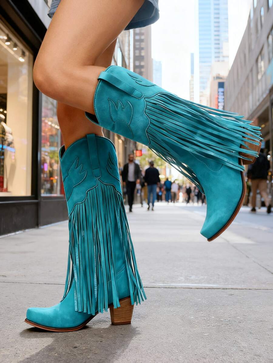 Women Cowboy Boots Mid Calf Fringe Boots Embroidered Western Cowgirl Boots Knee High Boots Pointed Toe Chunky Heel Pull On Tassel Boots For Wedding Party Winter Shoes - 藍色 - 查看 1