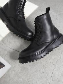 Botas negro para hombre, Botas casuales de caña alta para hombres, Botas De Trabajo Multifuncional - de media pantorrilla con punta redonda, con cordones y cremallera lateral, botines de moda para exteriores y senderismo, combina con chaqueta - Negro - Ver 8