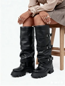 Women's Knee High Boots Fold Over Platform Wide Calf Round Toe Shoes Slouchy Outdoor Indoor Winter Fall Boots For Women - 黑色 - 查看 4