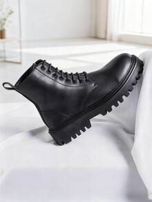Botas negro para hombre, Botas casuales de caña alta para hombres, Botas De Trabajo Multifuncional - de media pantorrilla con punta redonda, con cordones y cremallera lateral, botines de moda para exteriores y senderismo, combina con chaqueta - Negro - Ver 6
