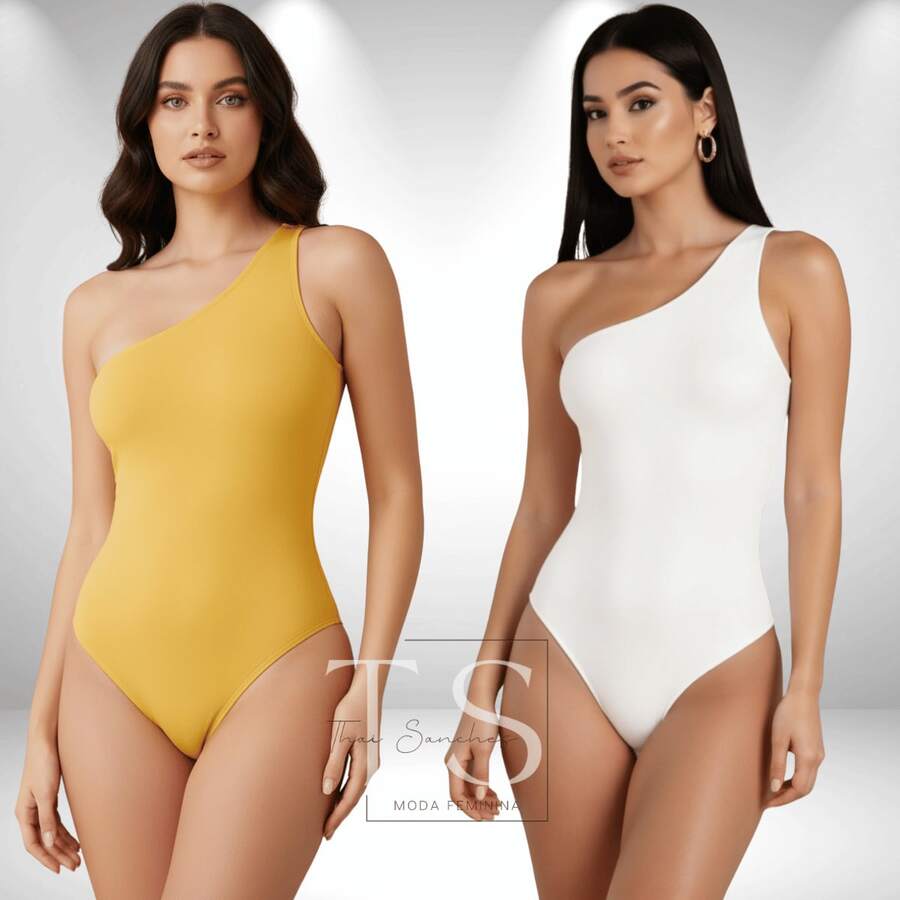 Set Of 2 Women's One-Shoulder Bodysuits In Suplex Fabric With Double Lining And Thin Straps - Premium Style - 白色和黃色 - 查看 1