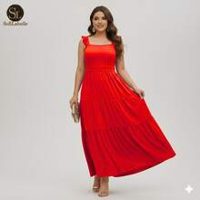 Women's Plus Size Long Dress, Three Marias Style, Elegant Evangelical Fashion, Party Dress, Sleeveless, Strapless, Ruffled, Dune - 紅色 - 查看 11