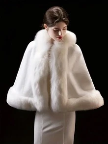 1件加厚仿毛皮动物连帽披肩，新娘中长款斗篷，适用于婚礼、摄影，保暖 - 白色 - 查看 11