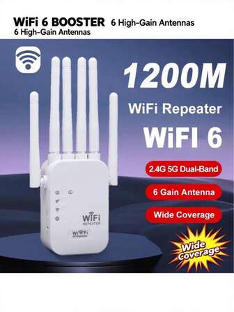 WiFi 6 Signal Booster, 1200Mbps/300Mbps Wall-Penetrating King 6 Antenna Amplifier, Solves Weak Signal Issues In Bedroom And Balcony, Wireless Network Repeater, Wide Coverage, Plug And Play