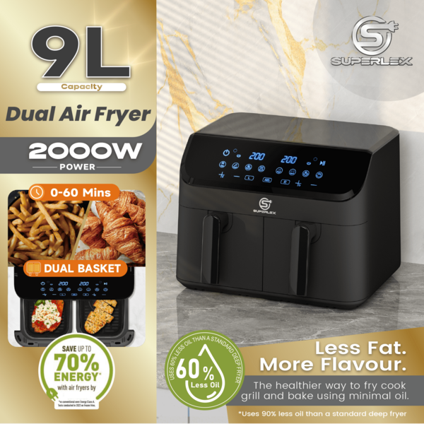 SUPERLEX 8-In-1 9L Double-Layer LED Screen Air Fryer With 8 Preset Modes. The Oven Is Equipped With 2 4.5-Liter Pots And Metal Racks, Dual Control System, Temperature Adjustable Range 80℃-200℃, Built-In 30-Minute Timing Function, Non-Stick Coating Design For The Inner Pot, Cool-Touch Material For The Outer Shell And Handle, Overheating Protection Mechanism, Automatic Power-Off And Transparent Observation Window Design, Automatic Delay Function Support, Healthy Oil-Free And Low-Fat Cooking Suitable For Home Kitchen Ovens, And Is A Multi-Functional Cooking Oven.