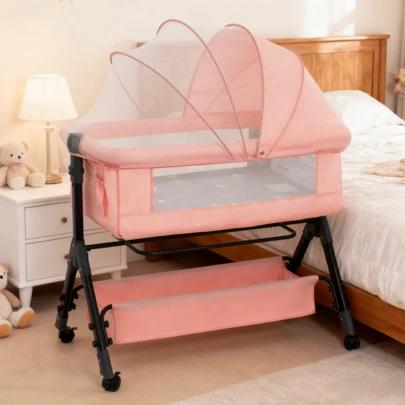 3-In-1 Baby Bassinet, Adjustable Bedside Bassinet With Comfy Mattress, Wheels, 6 Height Levels, Easy Folding Portable Crib For Newborns