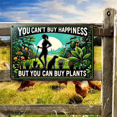 1pc, "You Can't Buy Happiness, But You Can Buy Plants." Gardening Enthusiast Sign, Metal Art Poster, Funny Wall Decor, Funny Bathroom Decor, Funny Apartment Decor, Humorous Decor, Farmhouse Decor, Garage Decor, Dorm Decor, Bar Decor, Restroom Decor, Cafe Decor, 12x8 In.