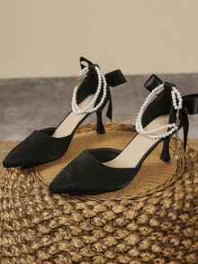 Tacones altos para mujer, decoración de lazo de cinta de perla francesa, tacones altos, tacones de aguja modernos, elegantes y sencillos, adecuados para desplazamientos, vacaciones y festivales. - Negro - Ver 5