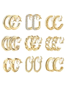 9 pares de clips y aretes de oro de 14k chapados en oro gruesos, sin agujeros en las orejas, adecuados para que las mujeres los usen