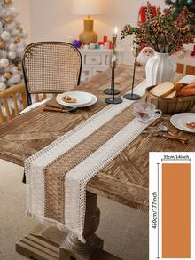 1pc Vintage Christmas Style Cream Woven Textured Tassel Rectangular Table Runner, Christmas Decor Table Decoration For Home - Multicolor - View 22