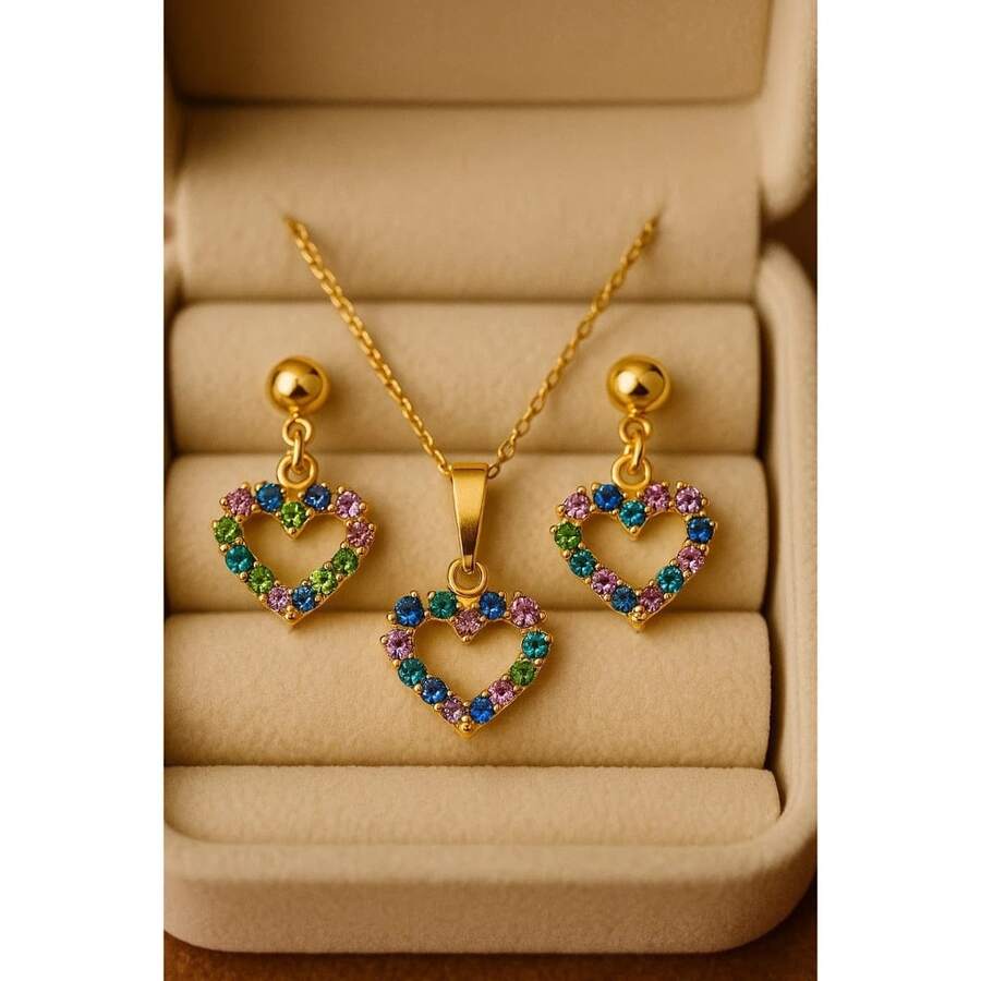 Delicate Gold Plated Zirconia Heart Necklace + Earring Kit For Women - 多彩的心 - 查看 1
