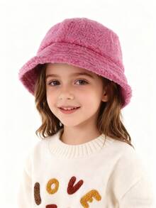 1pc Children's Lambswool Bucket Hat Fashion Solid Color Warm Basin Cap For Boys And Girls Ear Cap Thermal Lined Basin Cap - 1PC - View 2