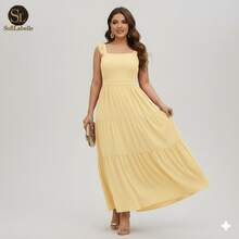 Women's Plus Size Long Dress, Three Marias Style, Elegant Evangelical Fashion, Party Dress, Sleeveless, Strapless, Ruffled, Dune - 糖果黃 - 查看 9