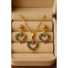 Delicate Gold Plated Zirconia Heart Necklace + Earring Kit For Women - 多彩的心 - 查看 3