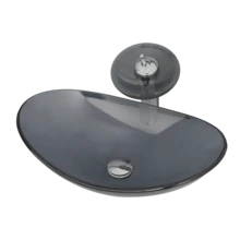 Bathroom Vessel Sink Oval Glass Vessel Sink With Waterfall Faucet Tap Tempered Glass Bathroom Sinks Above Counter Basin - Grey - View 2