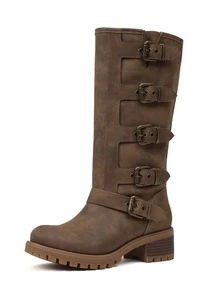 Vintage Combat Boots For Women Round Toe Buckle Straps Side Zipper Chunky Mid Heel Mid Calf Jaripeo Boots Countryside Retro Dark Brown Boots - 棕色 - 查看 7