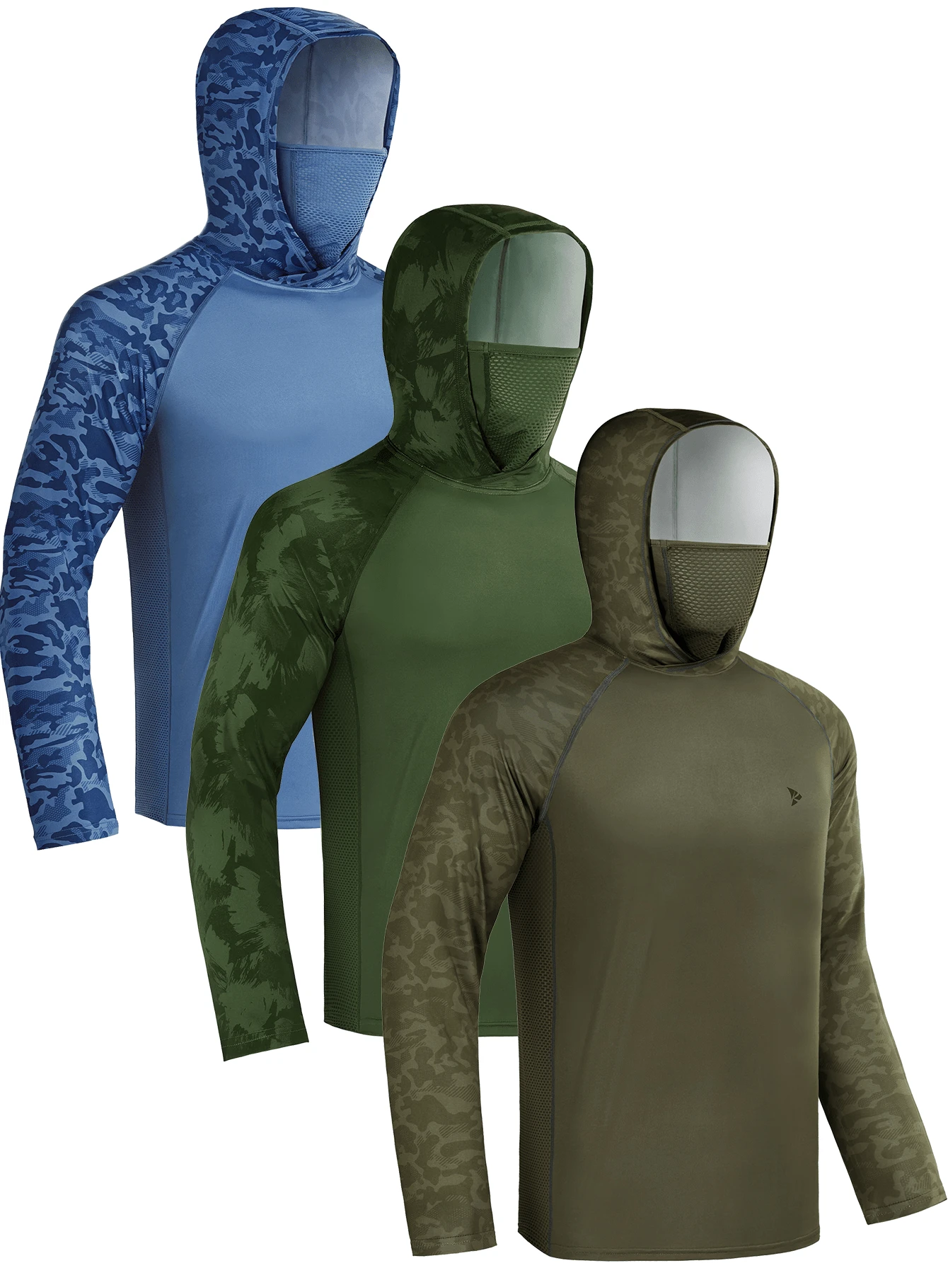 RODEEL Summer Clothes  Men Sun Hoodie Shirts With Mask Neck Gaiter Men UPF 50+ UV Protection Raglan Long Sleeve Lightweight Quick Dry Moisture Wicking Breathable Cooling Athletic Activewear For Outdoor  Hiking Fishing Beach, Water Sports, Adventure Hunting,Boating Biking Sport The Best Choice For Men To Give As Gifts - 藍綠棕 - 查看 1