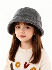 1pc Children's Lambswool Bucket Hat Fashion Solid Color Warm Basin Cap For Boys And Girls Ear Cap Thermal Lined Basin Cap - 1PC - View 11