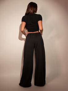 Women's Black Pantaloons In Roma Knit With Side Stripes And Front Pockets, Comfortable Casual Style - màu đen - Xem 4