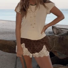 Boho Women's Lace Trim Satin Silk Shorts Shiny Elastic Waist Mini Shorts Pettipants Half Slip Shorts French Knickers Boyshorts For Dresses Full Coverage Underwear Lounge Pants - 紫紅色 - 查看 4