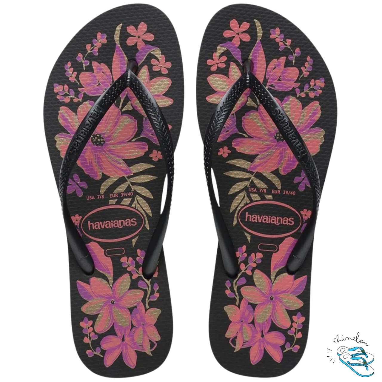 Sandalia Chinelo Havaianas Slim Organic Floral Rosada Feminina Adulto Original - Preto/Cinza/Dourado - Visão 1