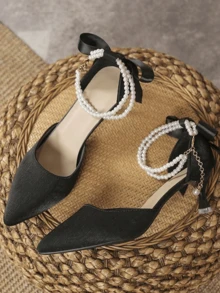 Tacones altos para mujer, decoración de lazo de cinta de perla francesa, tacones altos, tacones de aguja modernos, elegantes y sencillos, adecuados para desplazamientos, vacaciones y festivales. - Negro - Ver 6