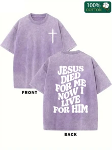 Jesus Died For Me, And Now I Live For Him. Printed Oversized Cotton Solid Color Drop Shoulder T-Shirt, Suitable For Women, Vintage Street Style, Basic T-Shirt, Loose Hip-Hop Style, Suitable For Both Women And Men, Acid Wash T-Shirt - Màu tím - Xem 1