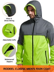 RODEEL Men's Reflective Pattern Cycling Rain Jacket, Reusable Lightweight Raincoat Suitable For Outdoor Activities