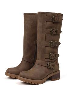 Vintage Combat Boots For Women Round Toe Buckle Straps Side Zipper Chunky Mid Heel Mid Calf Jaripeo Boots Countryside Retro Dark Brown Boots - 棕色 - 查看 6
