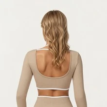 Women's Long Sleeve Crop Top With Contrast Trim And Scoop Neckline - Màu Khaki - Xem 5