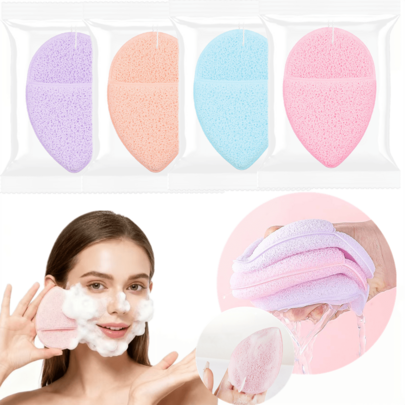 Esponja de limpeza facial em formato de luva, sem compressão e com embalagem individual. Esponja macia e suave para remover maquiagem, ideal para uso doméstico e profissional. Acompanha cordão para pendurar.