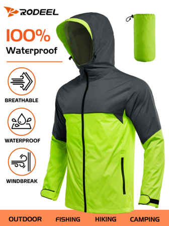 RODEEL Men's Reflective Graphics Cycling Raincoat Waterproof Reusable Lightweight Rain Jacket For Outdoor Activities