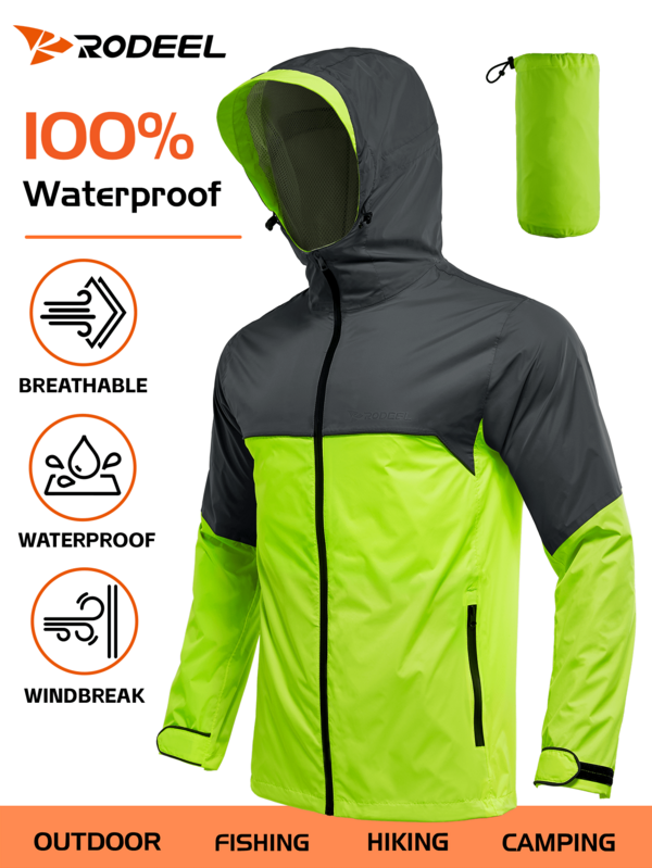 RODEEL Men's Reflective Graphics Cycling Raincoat Waterproof Reusable Lightweight Rain Jacket For Outdoor Activities
