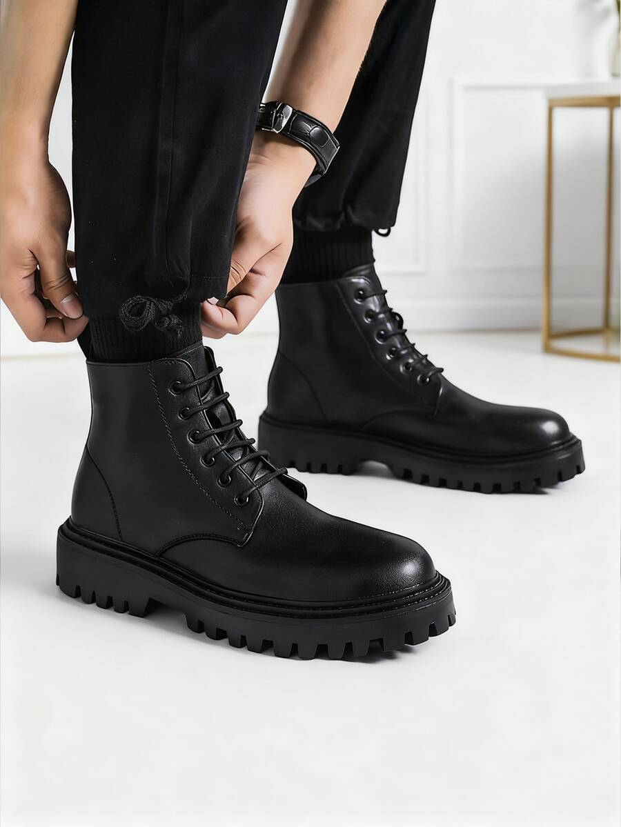 Botas negro para hombre, Botas casuales de caña alta para hombres, Botas De Trabajo Multifuncional - de media pantorrilla con punta redonda, con cordones y cremallera lateral, botines de moda para exteriores y senderismo, combina con chaqueta