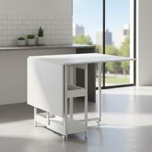 HOMCOM White Four Person Drop Leaf Folding Dining Table And Chairs Set Extendable Round Breakfast Bar Coffee Table For Small Spaces* - White - View 2