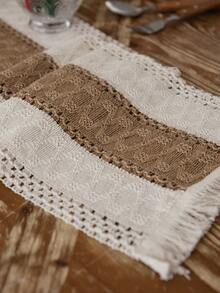 1pc Vintage Christmas Style Cream Woven Textured Tassel Rectangular Table Runner, Christmas Decor Table Decoration For Home - Multicolor - View 5