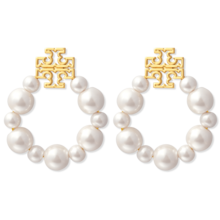 Tory Burch Double T Logo Brass & Pearl Earrings 86972 - Cream - View 2