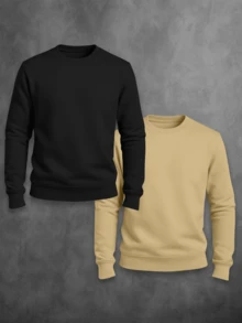 Kit 2 Men's Sweatshirt Top Round Neck Cotton Unisex Men's Women's Plain Jacket - 黑色和米色 - 查看 1