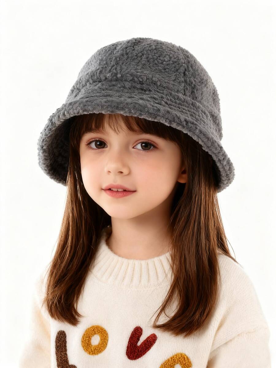 1pc Children's Lambswool Bucket Hat Fashion Solid Color Warm Basin Cap For Boys And Girls Ear Cap Thermal Lined Basin Cap - 1PC - View 1