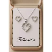 Delicate Gold Plated Zirconia Heart Necklace + Earring Kit For Women - Silver Heart - View 2