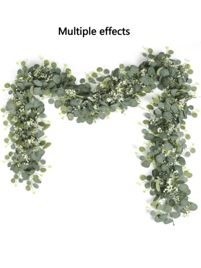 1件装尤加利花环，银元尤加利叶，黄杨木仿真绿植花环藤蔓，适用于婴儿派对、婚礼派对、桌旗、房间家居壁炉架装饰