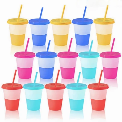 Vasos Mágicos De Plástico De 475ml Con Tapa Y Popote,15 Pzas