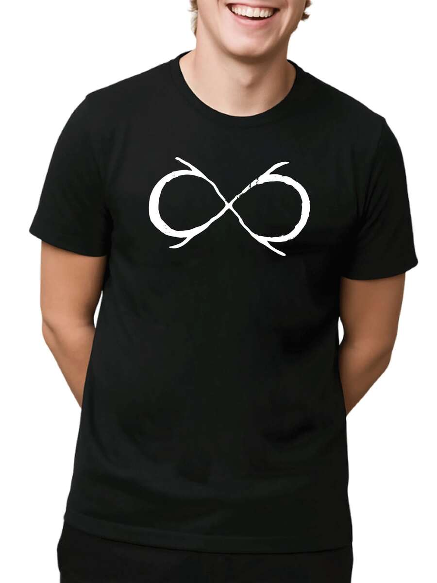 Playera gráfica para hombre con estampado único del símbolo del infinito abstracto y desgastado. Cómoda Playera de mezcla de algodón, manga corta y cuello redondo, ideal para un estilo informal de calle. - Negro - Ver 1