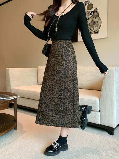 Falda con estampado de leopardo para mujer LuminousWealth, falda recta de cintura alta con abertura, ajuste ceñido, para otoño/invierno